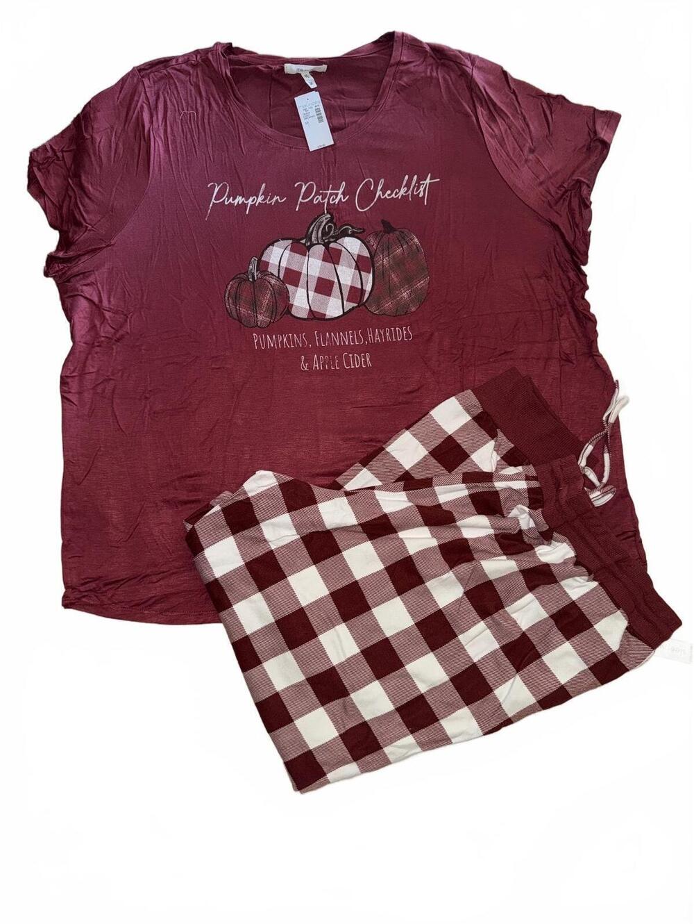 Maurices Women's 2X Pumpkin Patch Checklist Pajama Set with Burgundy Top and Pla